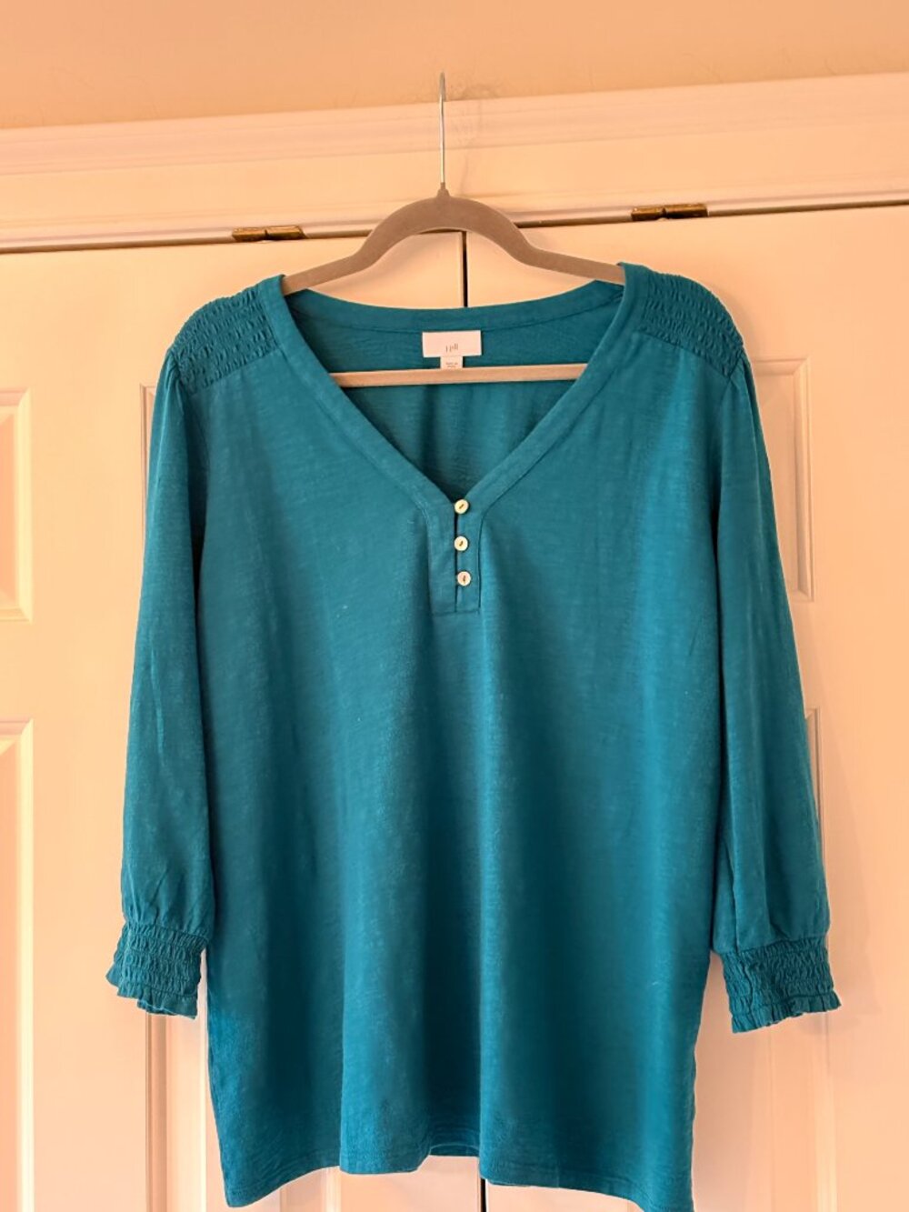 NWOT J. Jill Teal V-Neck Henley Slub Knit Lightweight Top Sz L